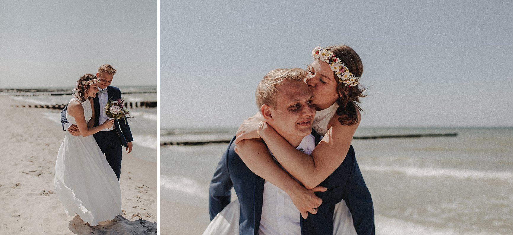 Strandhochzeit an der Ostsee. Es handelt sich um ein Foto aus einer Hochzeitsreportage, das von den beiden Hochzeitsfotografen Tom und Lia Fotografie aus Potsdam aufgenommen wurde. Die Hochzeit fand in Ahrenshoop direkt am Strand statt.